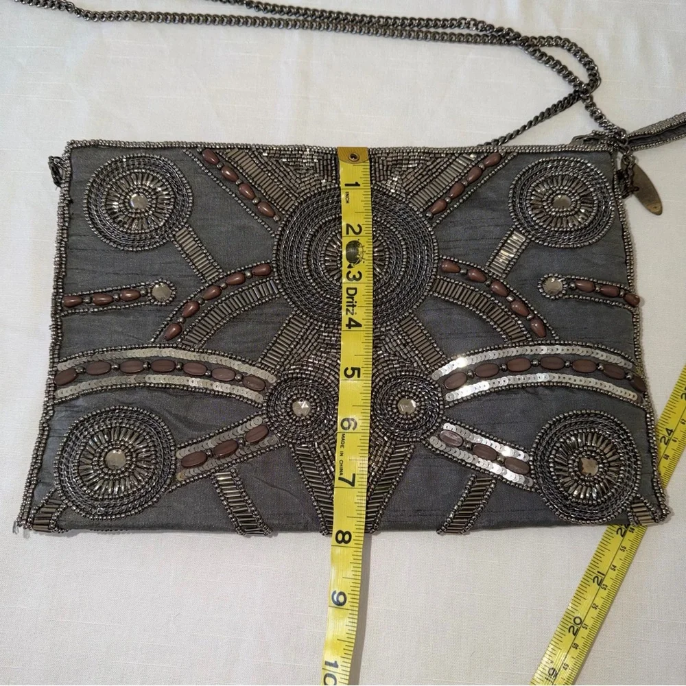Vintage Mary Frances Gray Beaded Clutch crossbody with brown bead accents India